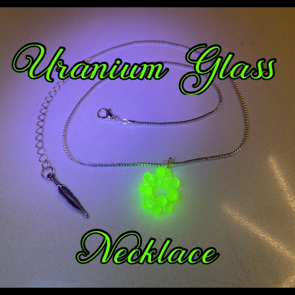 URANIUM Glass Necklace Grape Shaped Vaseline Glass Bead Pendant with Feather
